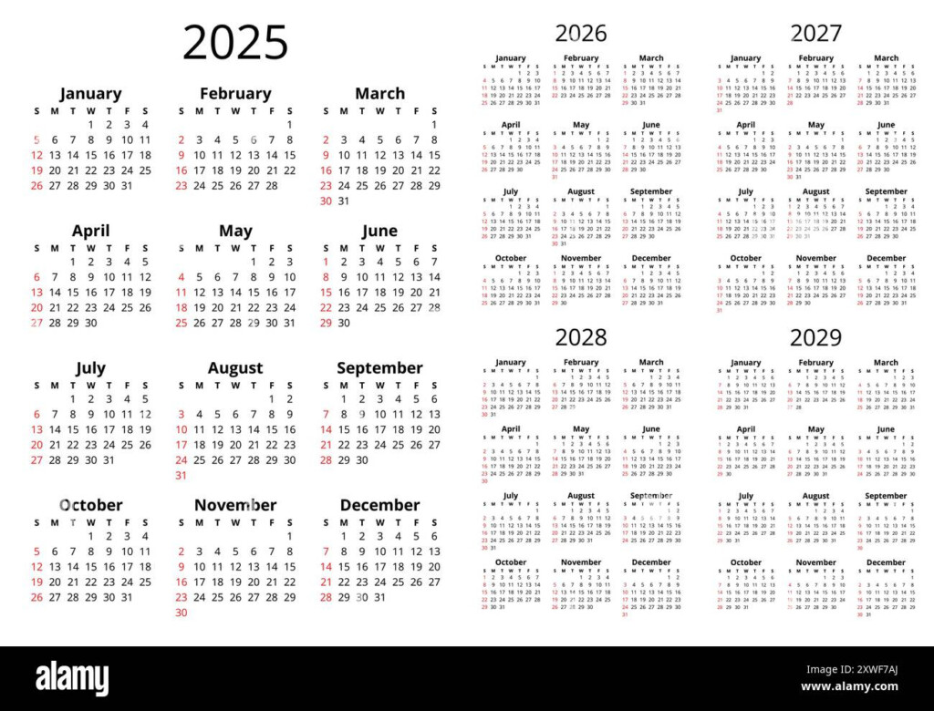 2025 2026 2027 2028 2029 Years English Calendars With 12 Months 