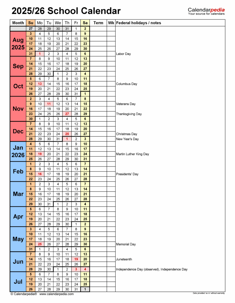 2025 2026 School Calendar Template Weekly 2025 Julia Sosanna