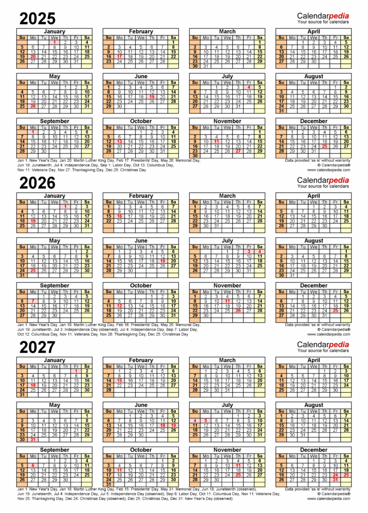 2025 2027 Three Year Calendar Free Printable Excel Templates