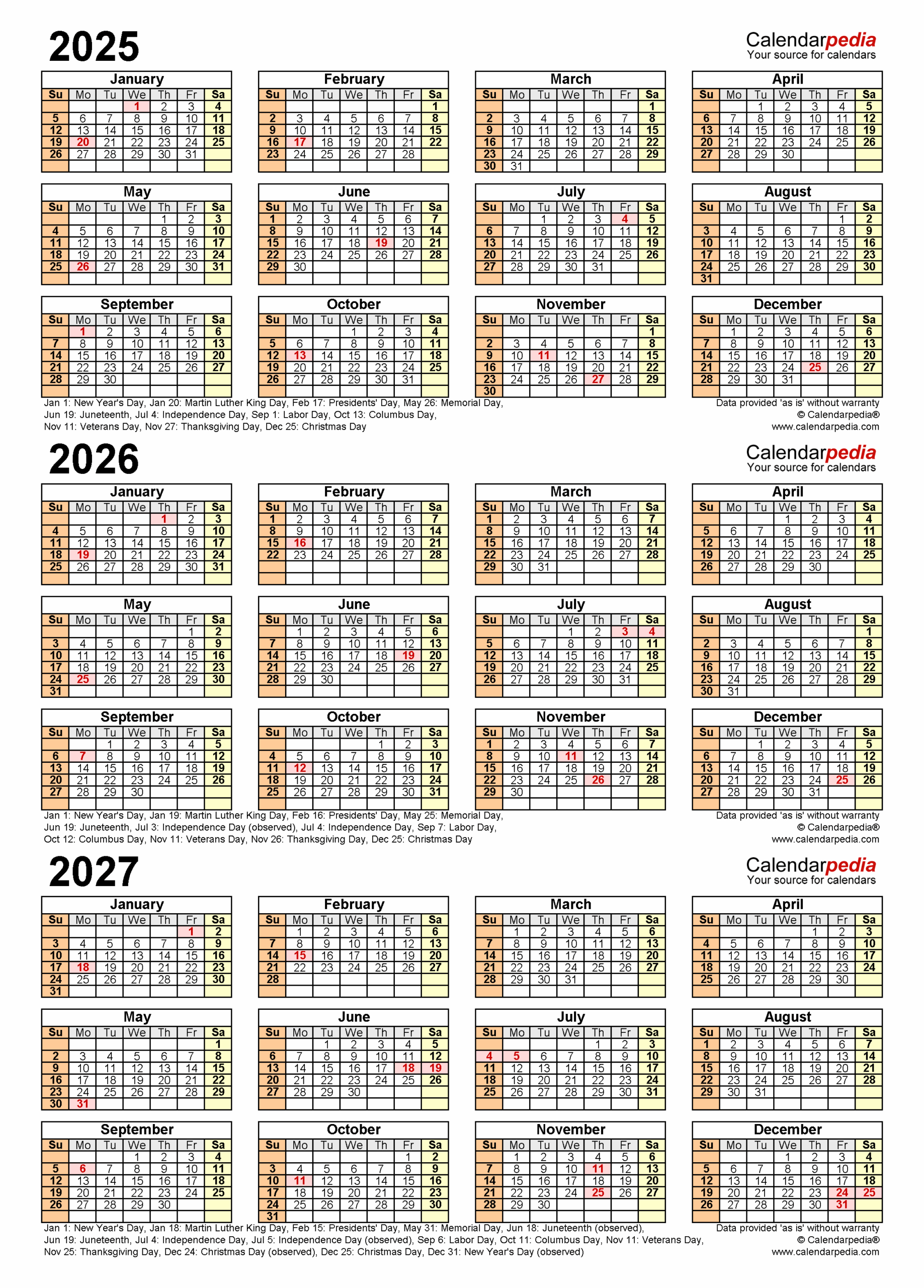 2025 2027 Three Year Calendar Free Printable Excel Templates