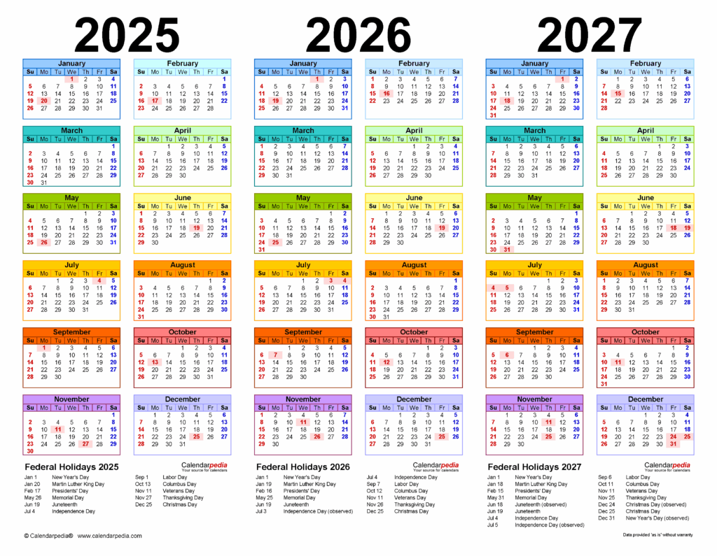2025 2027 Three Year Calendar Free Printable Word Templates