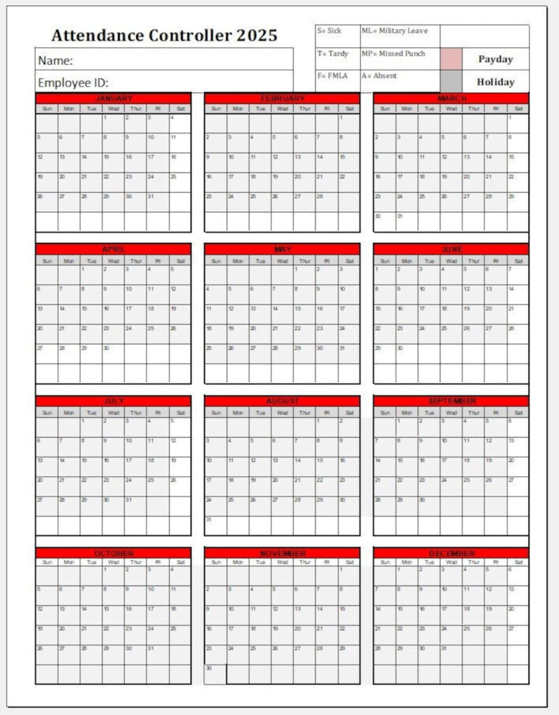 2025 Attendance Calendar Printable Ethan James