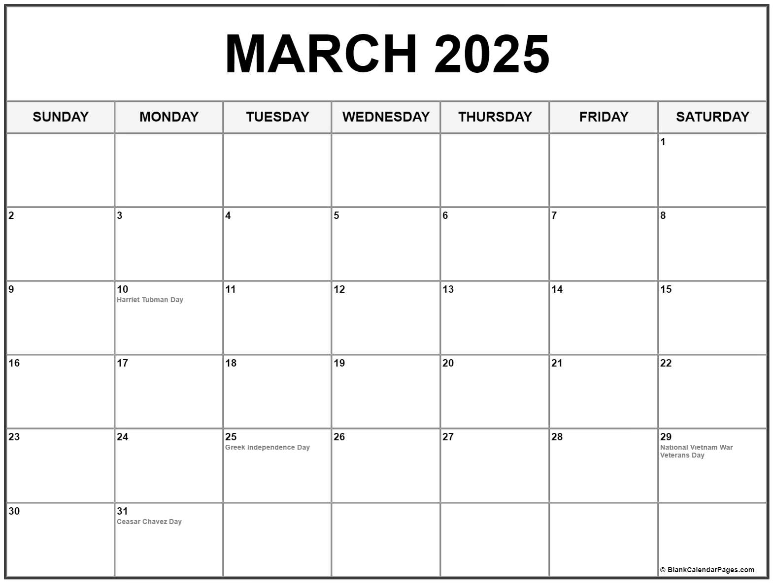 2025 Blank Calendar March 2025 Holidays Xyla Abbotts