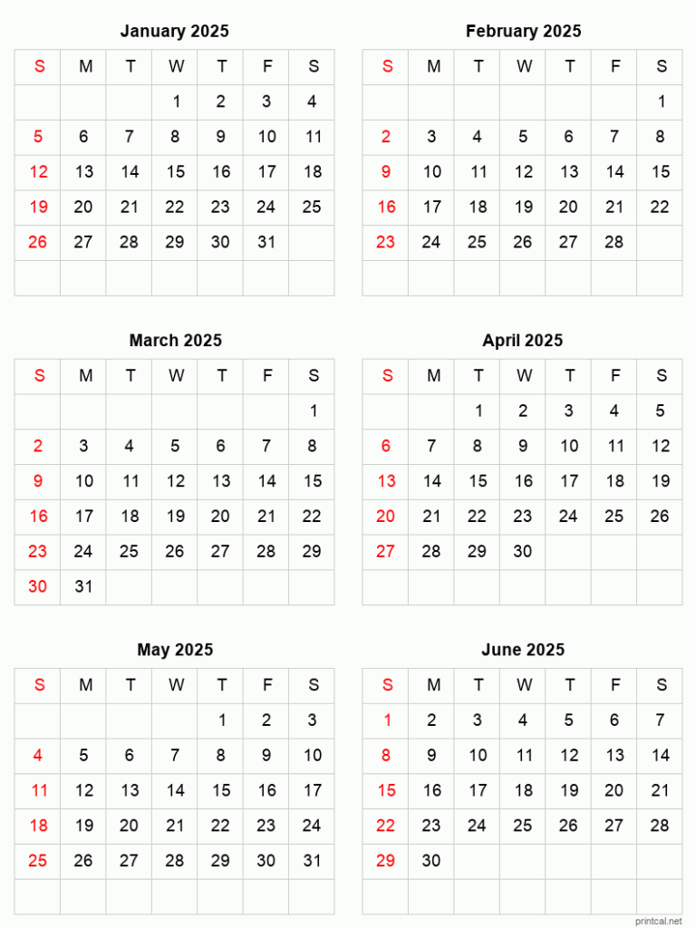 2025 Calendar Printable 6 Months Per Page Ditte P Olsen