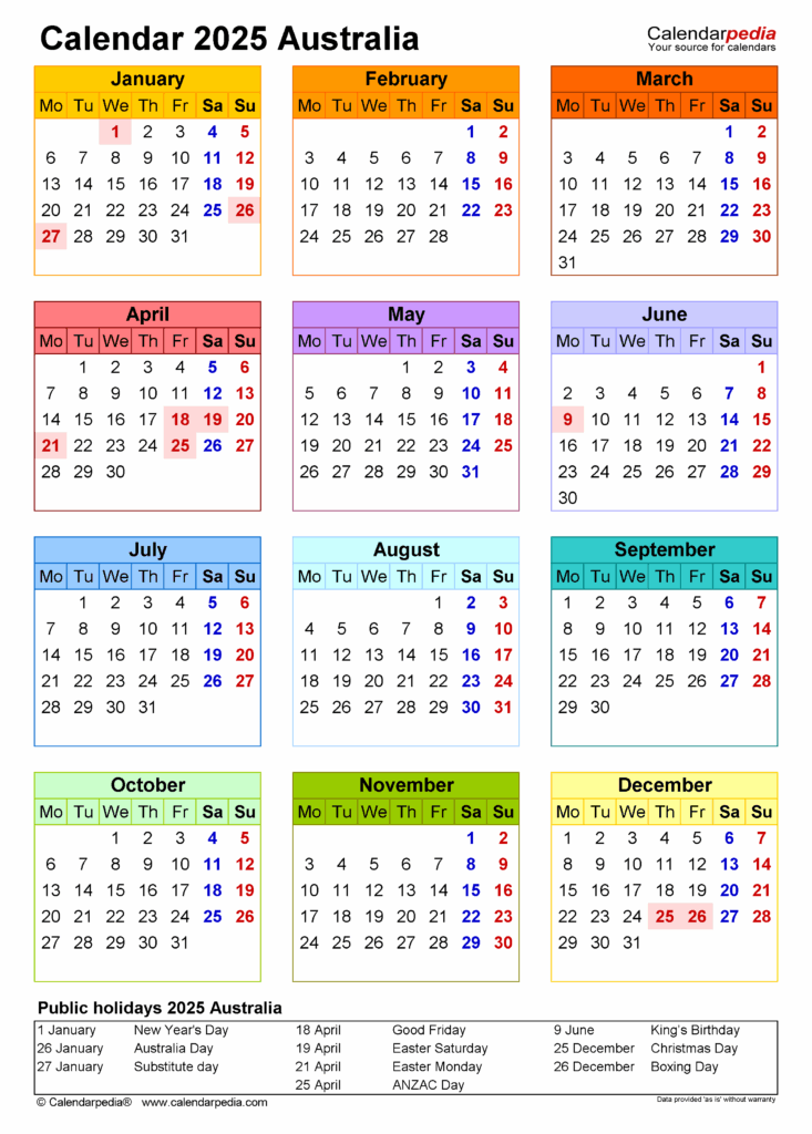 2025 Calendar Printable One Page Australia 2025 Deanna J Wright