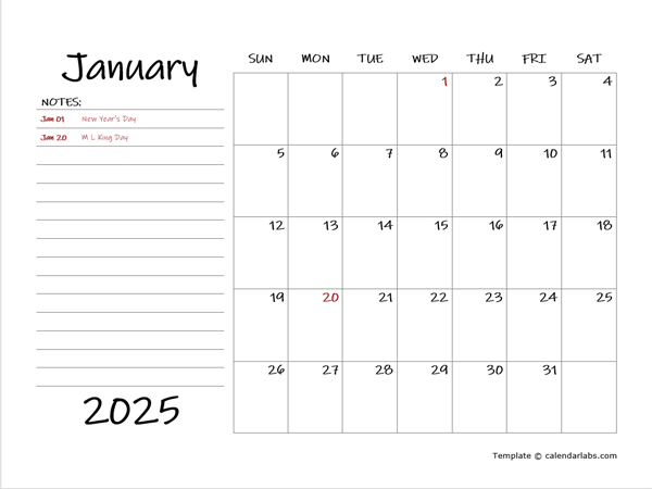2025 Calendar Template With Monthly Notes Free Printable Templates