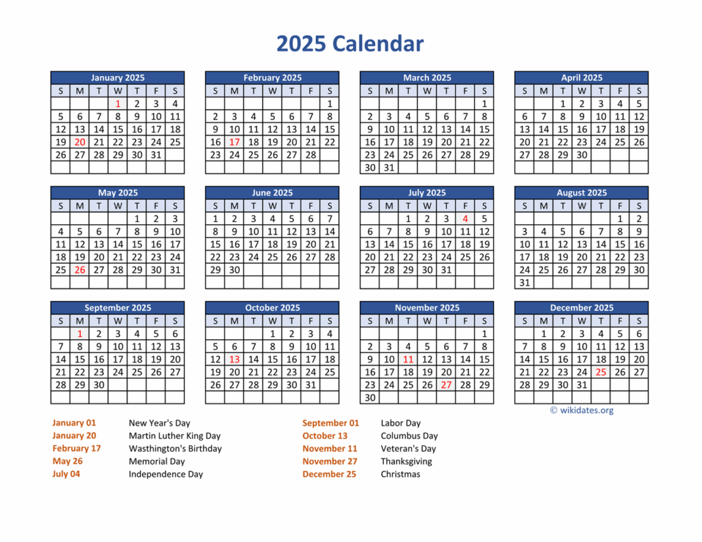 2025 Calendar With Holidays Marked 2025 Laila Hope