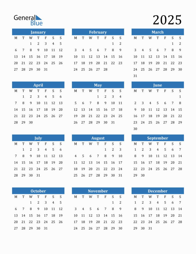 2025 Calendar With Monday Start