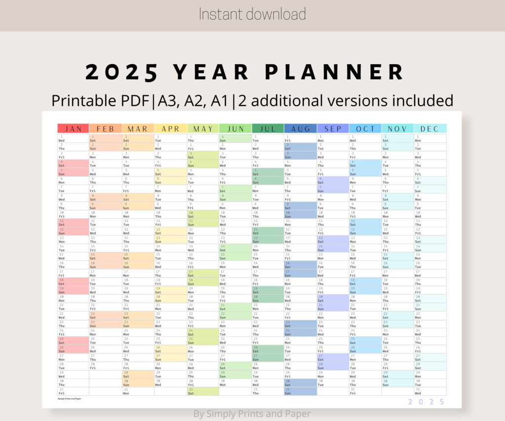 2025 Colorful Wall Calendar Printable Yearly Planner Large Wall 