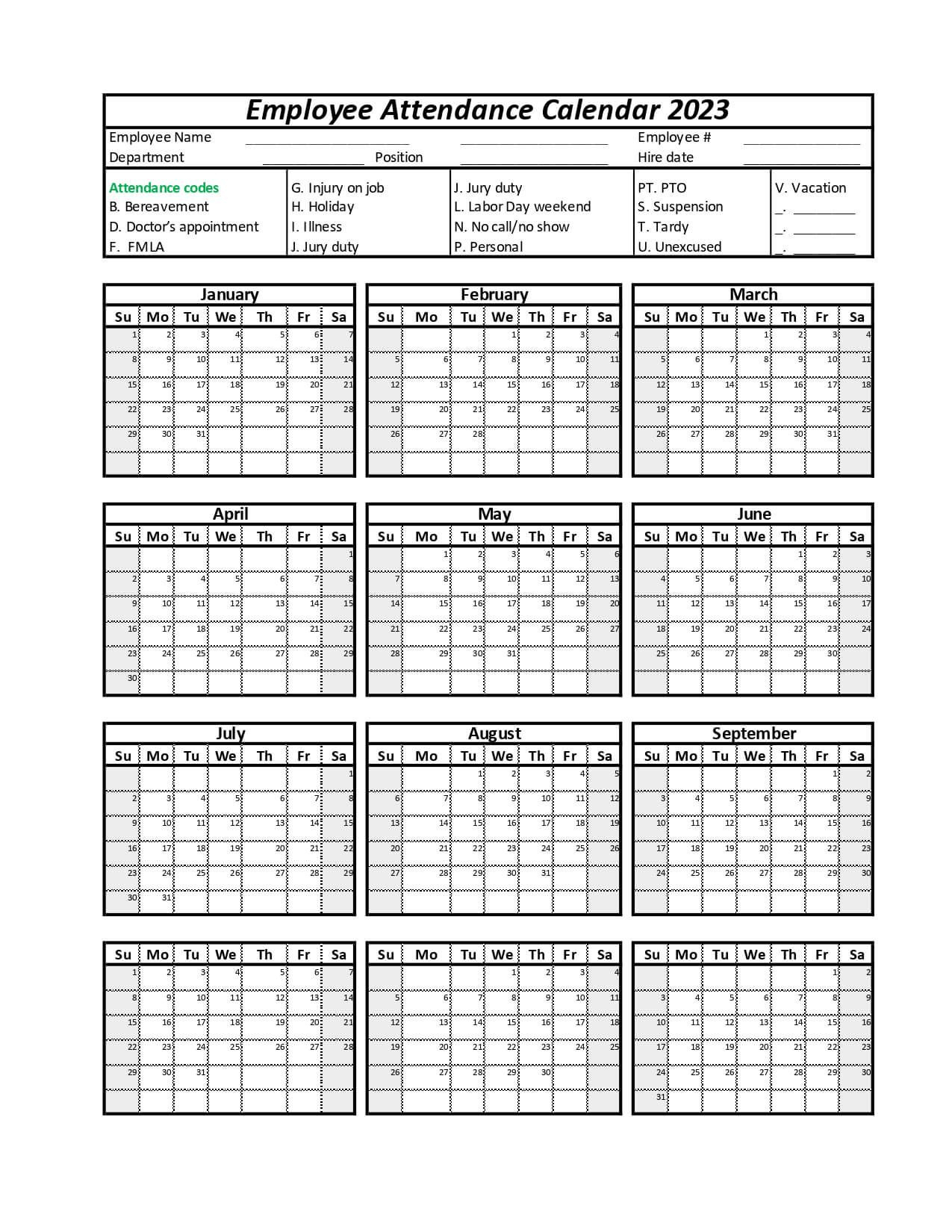 2025 Employee Attendance Calendar Printable Free Download Calendars 2025