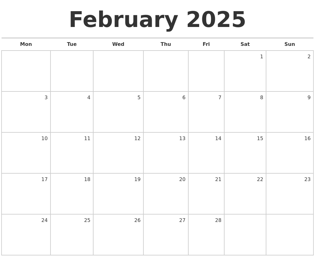 2025 February Blank Calendar Printable Free Online Belinda R Dees