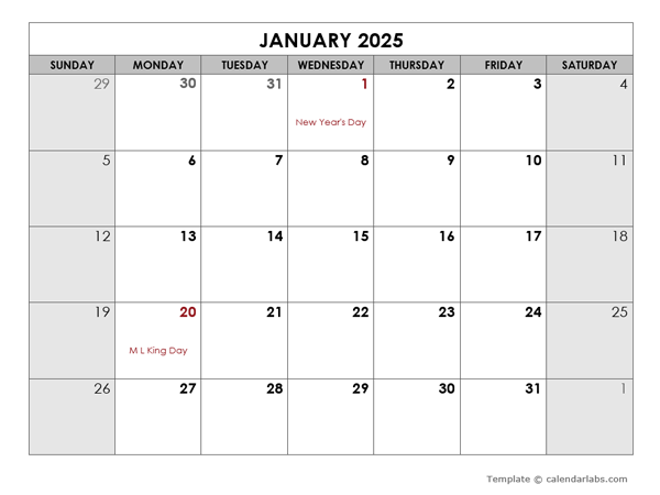 2025 Monthly Large Calendar Holidays Free Printable Templates