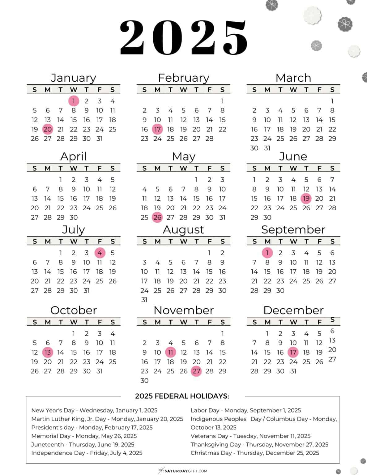 2025 National Holidays Calendar Christina N Andreasen