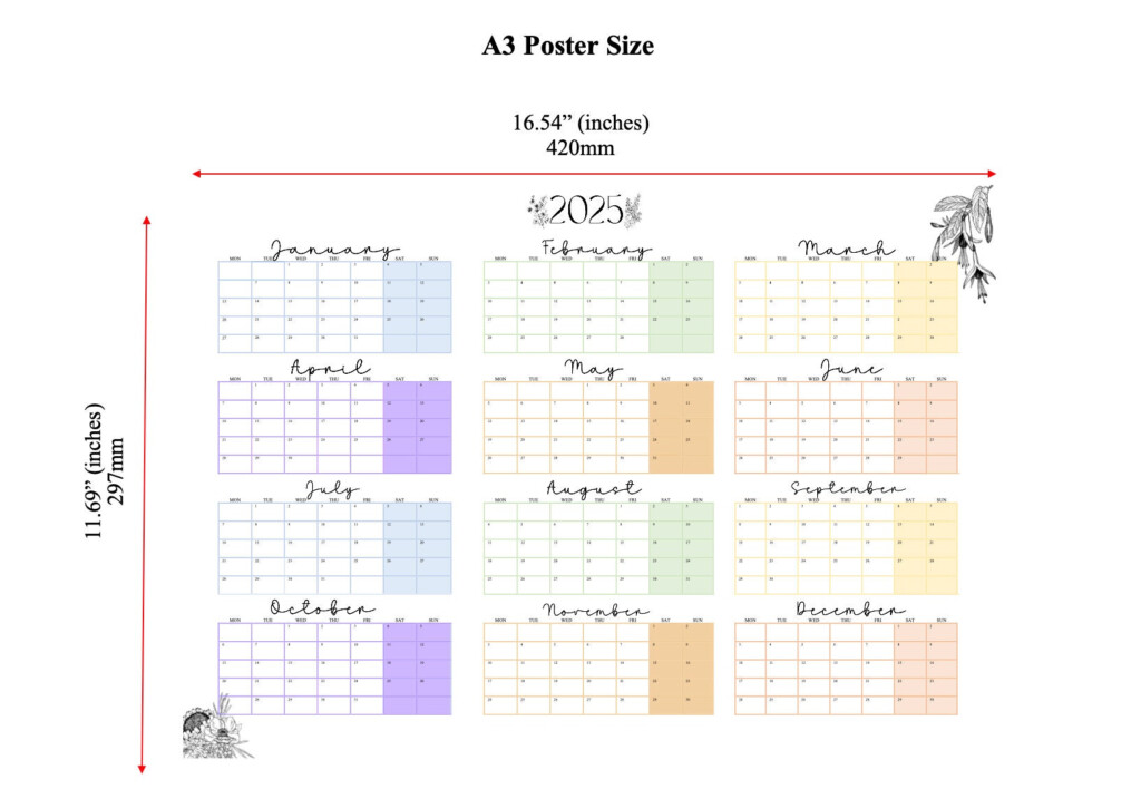 2025 Printable A3 Wall Year Calendar planner Etsy