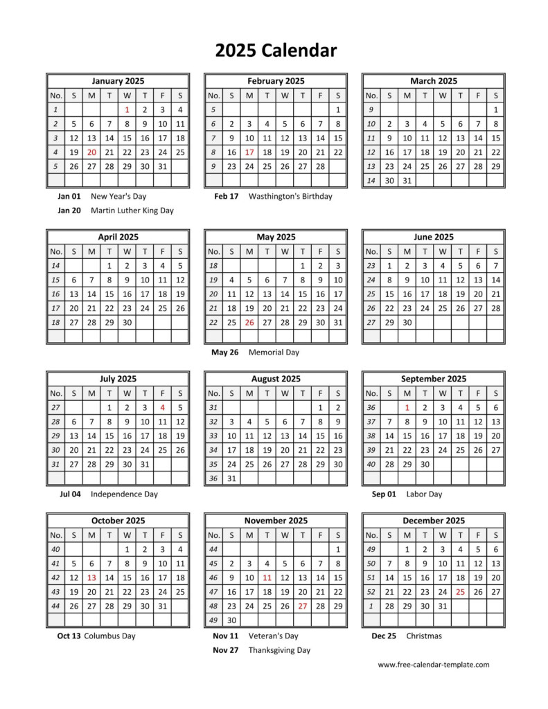 2025 Printable Calendar With Holidays Free Download Word Images 