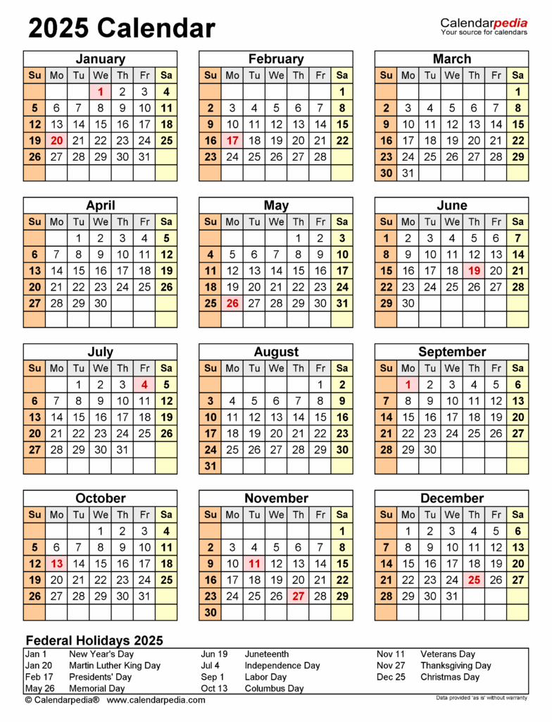 2025 Printable Calendar With Holidays Pdf Free Jobi Ronnie