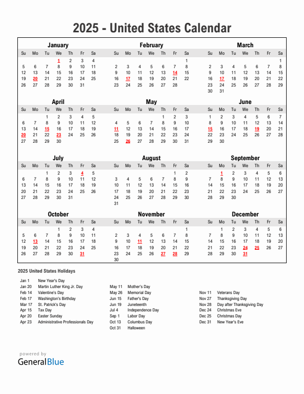 2025 Printable Calendar With United States Holidays