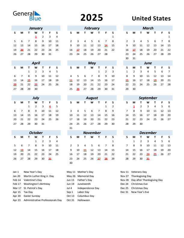 2025 Printable Calendar With United States Holidays