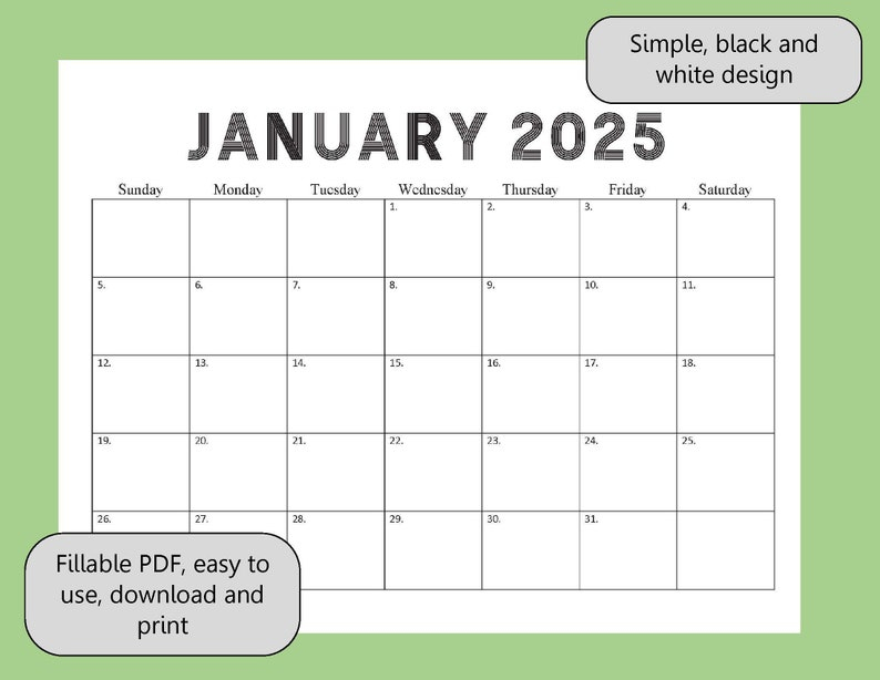 2025 Printable Editable Calendar Monthly Calendar Simple Etsy