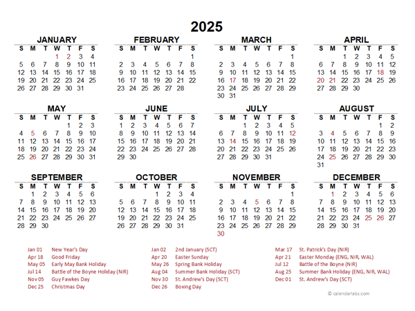 2025 UK Calendar With Bank Holidays Anne N Nygaard