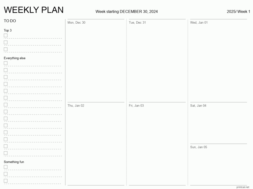 2025 Weekly Calendar Dates Printable Wynn Allison