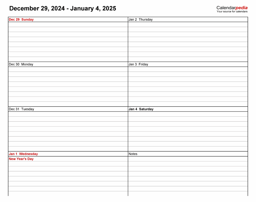2025 Weekly Calendar Printable Free Pdf One Page Print Stanley E Testa