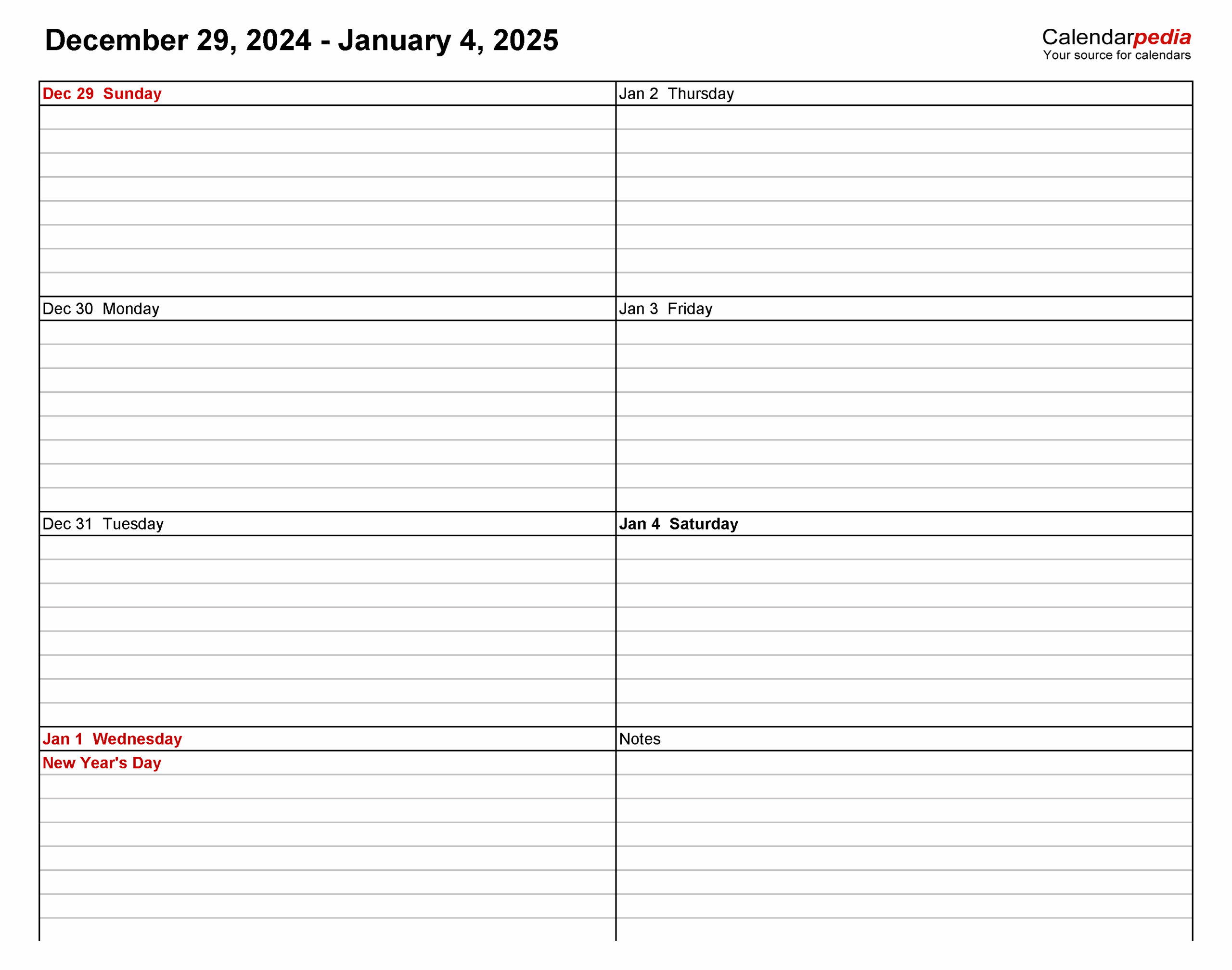 2025 Weekly Calendar Printable Free Pdf One Page Print Stanley E Testa
