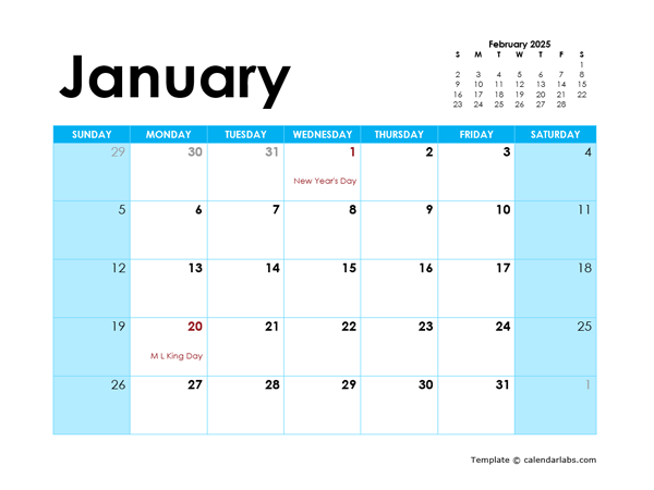 2025 Word Calendar Template Large Boxes Free Printable Templates