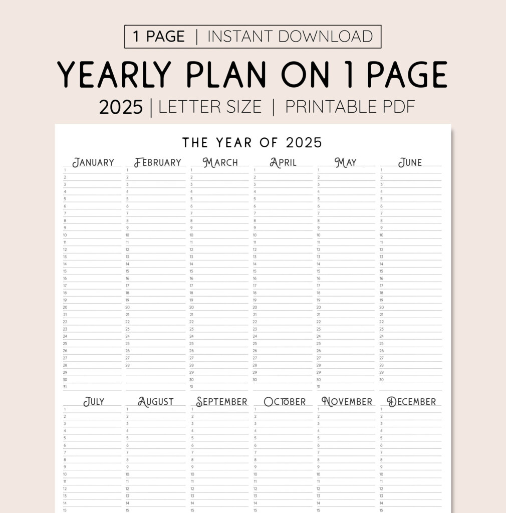 2025 Year At A Glance INSTANT DOWNLOAD Yearly Overview Printable 