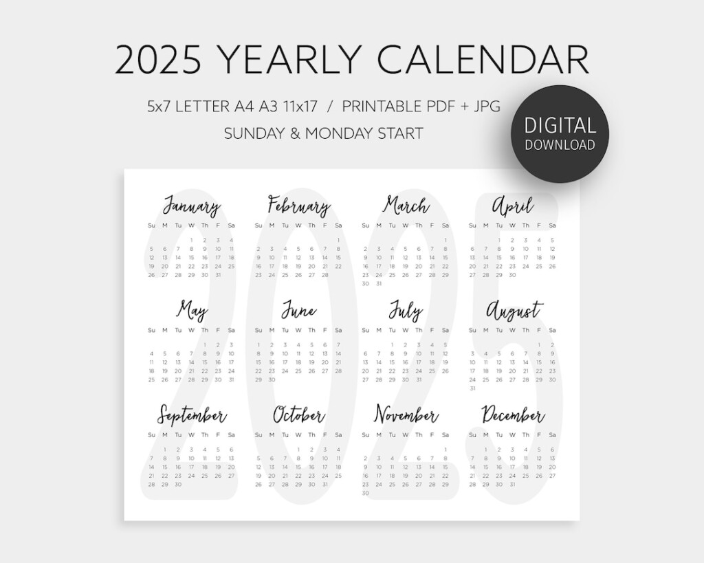 2025 Yearly Calendar One Page Printable Calendar Year At A Glance 