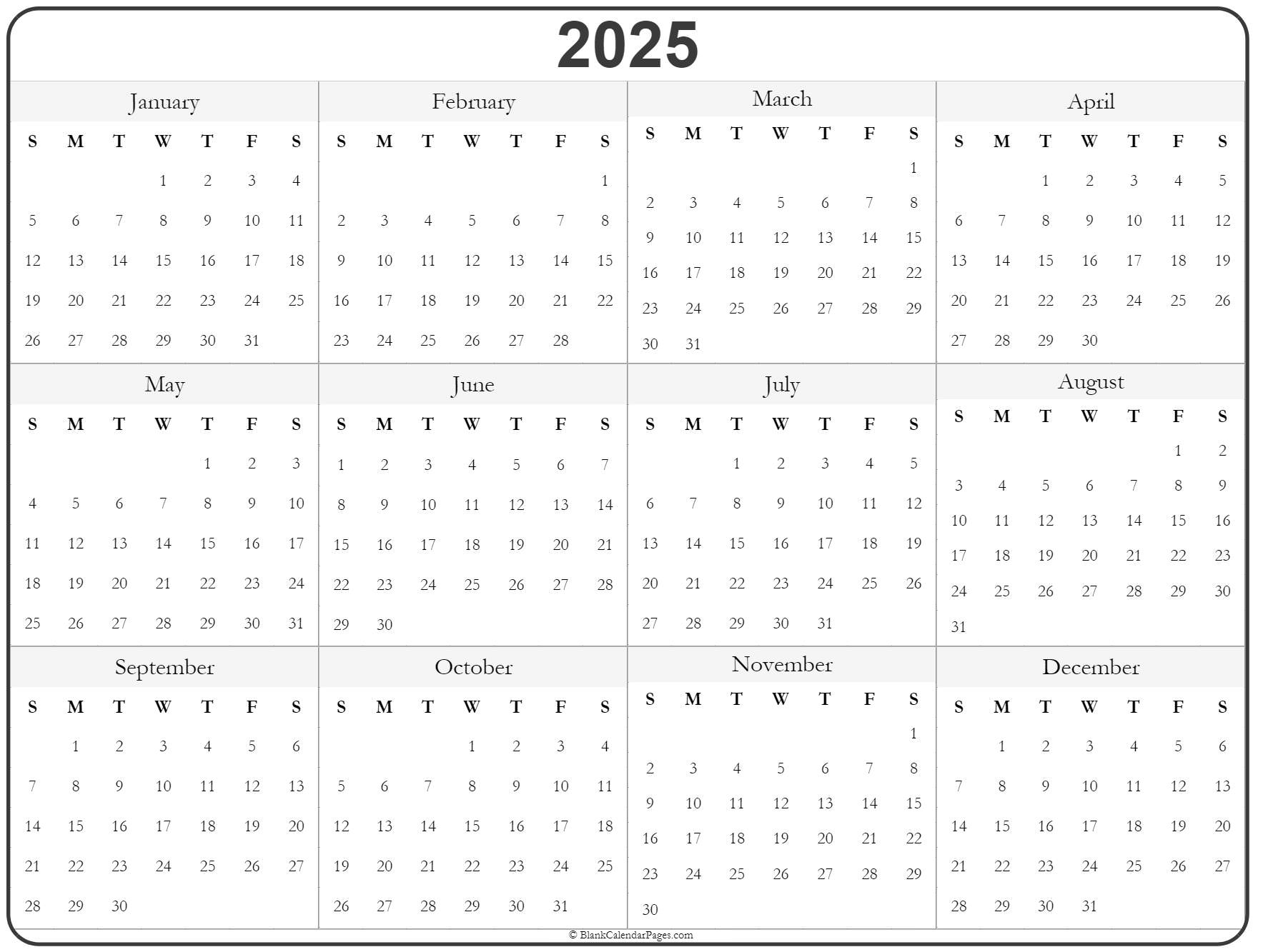 2025 Yearly Calendar Printable Free Pdf Vickie K Bailey