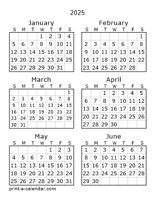 6 Month Calendar January To June 2025 Catherin H Grimes