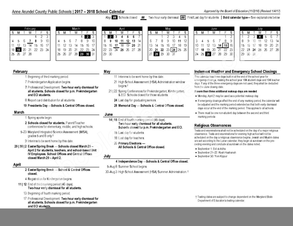 Aacps Calendar A Day B Day Arturo W Honore