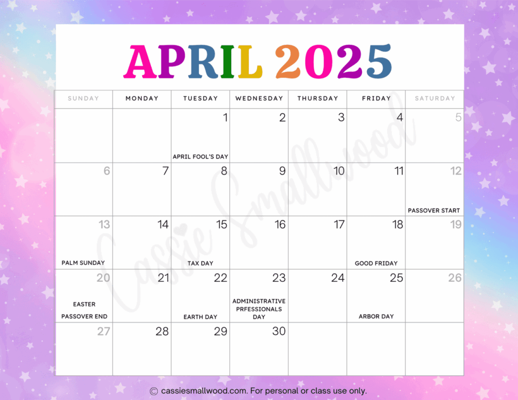 April 2025 Calendar With Holidays Cassie Smallwood