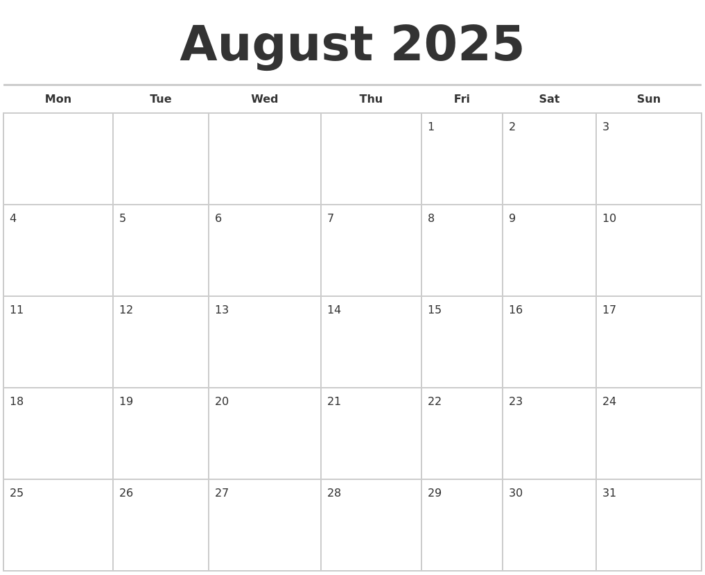 August 2025 Calendar Excel Printable Free Amanda M Frederiksen