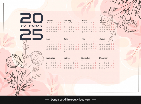 Calendar 2025 Template Classic Handdrawn Flowers Vectors Stock In 