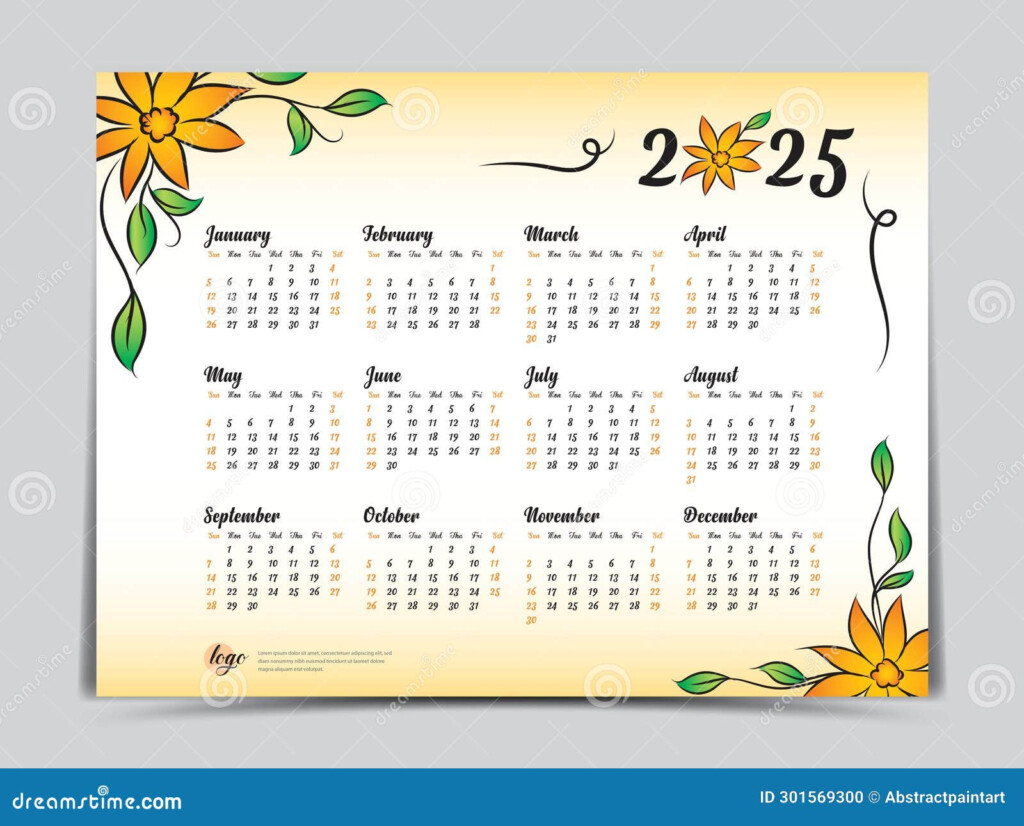 Calendar 2025 Vector Template Yellow Flowers Design Yearly Calendar 