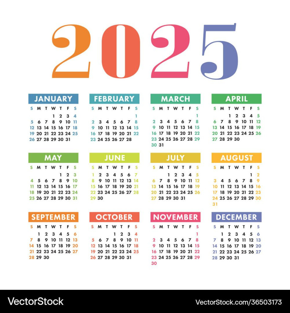 Calendar 2025 Year English Colorful Vector Square Wall Or Pocket 