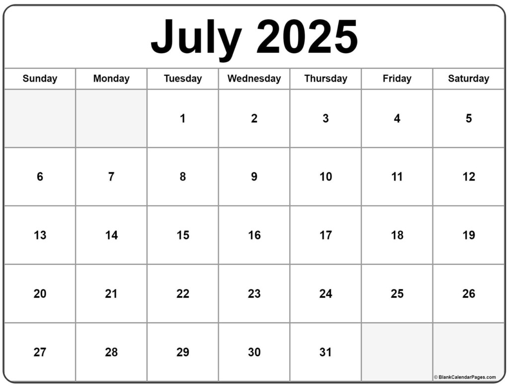 Calendar Print July 2025 Louise S Hemingway