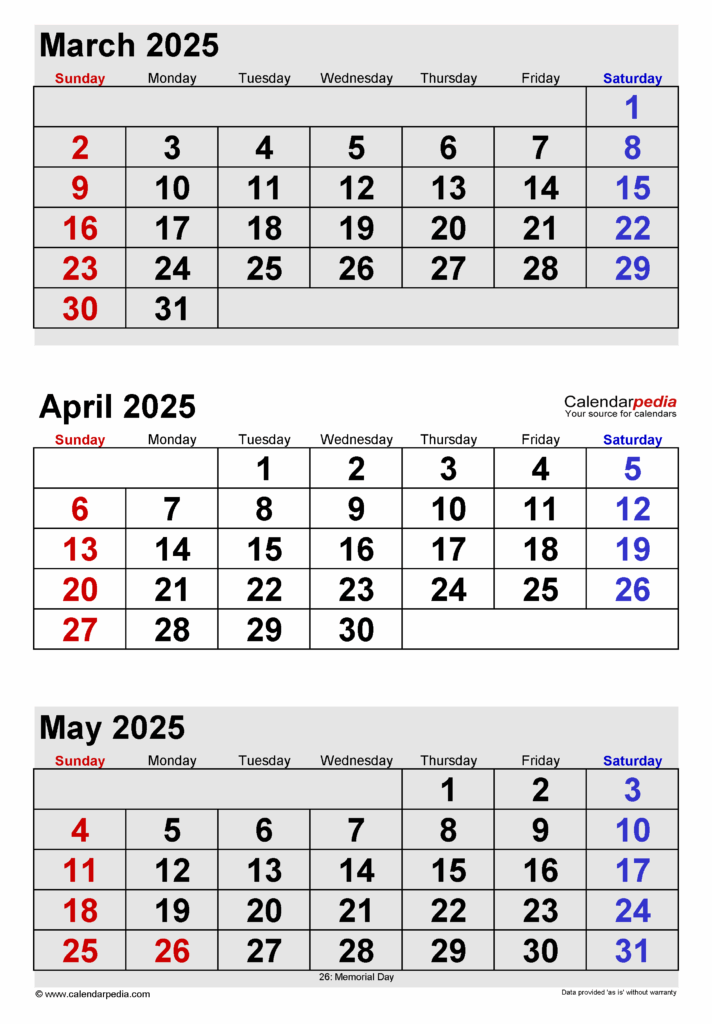 Calendar Template March April May 2025 Julia Margalo
