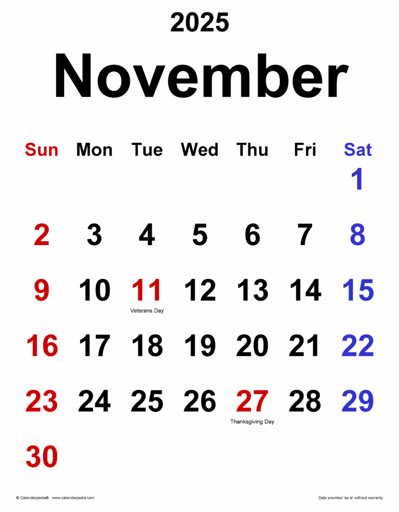 Calendar To Print November 2025 Rose B Pickett