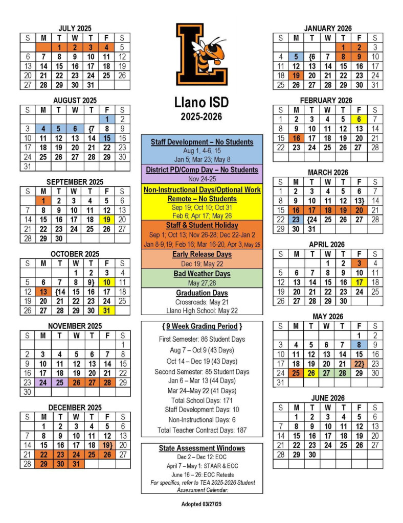 District Calendar LISD District Calendar Llano Independent 