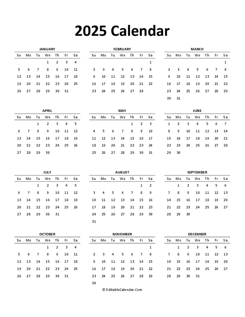 Download 2025 Free Printable Calendar Editable Word Version 