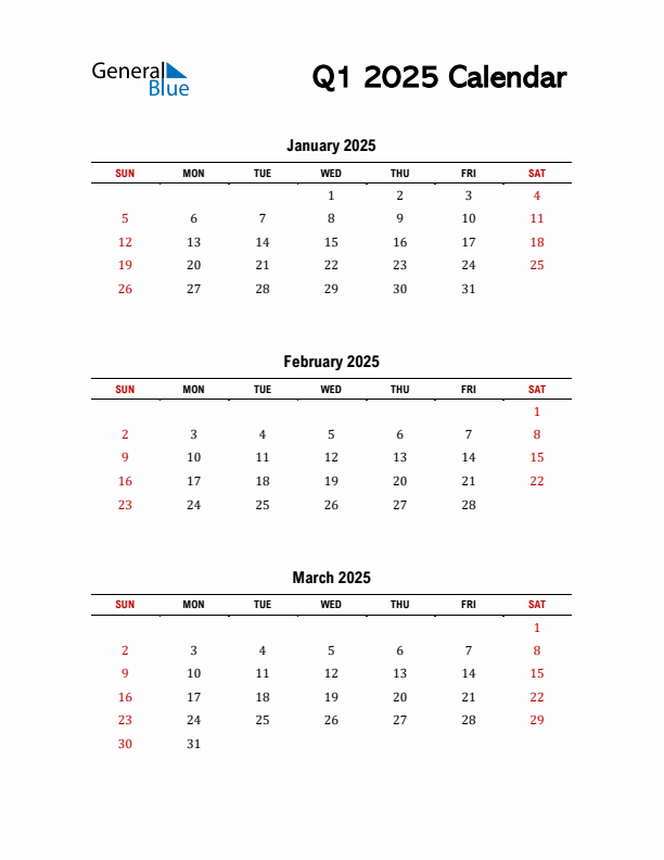 Downloadable Q1 2025 Quarterly Calendar In PDF Word And Excel