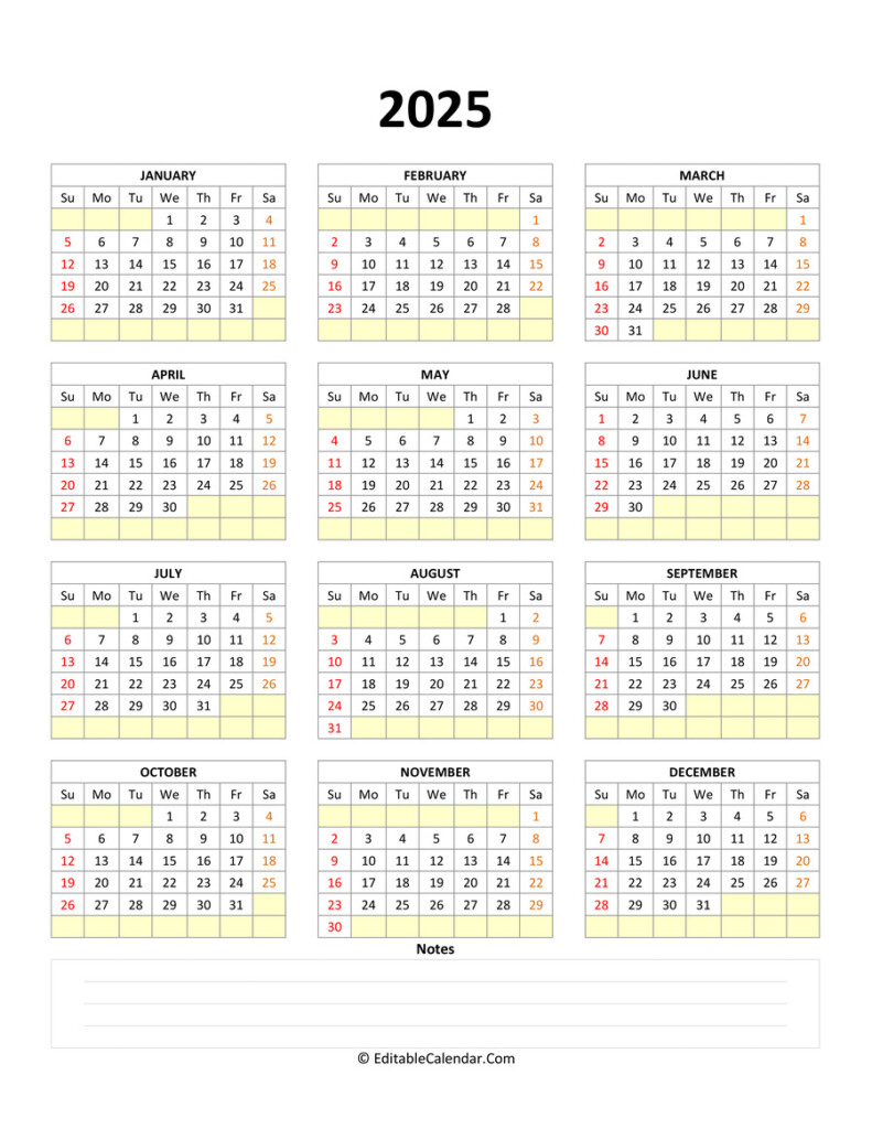 Fillable Calendar 2025 With With Notes