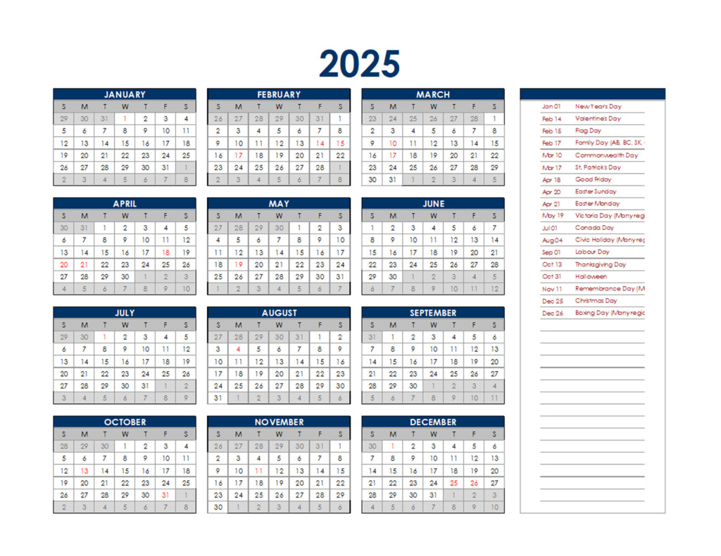 Free 2025 Calendar Canada With Holidays 2025 Images References Alma 