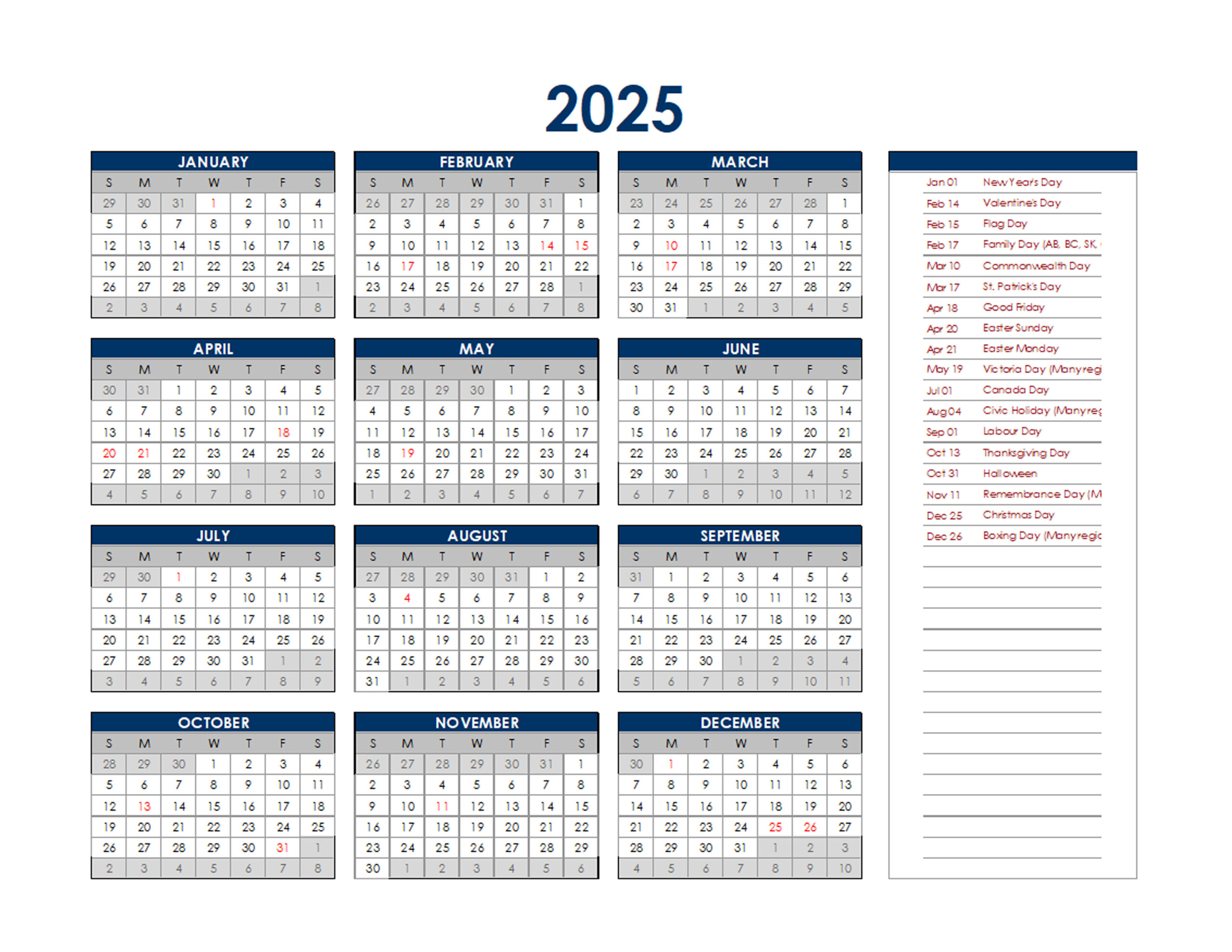 Free 2025 Calendar Canada With Holidays 2025 Images References Alma