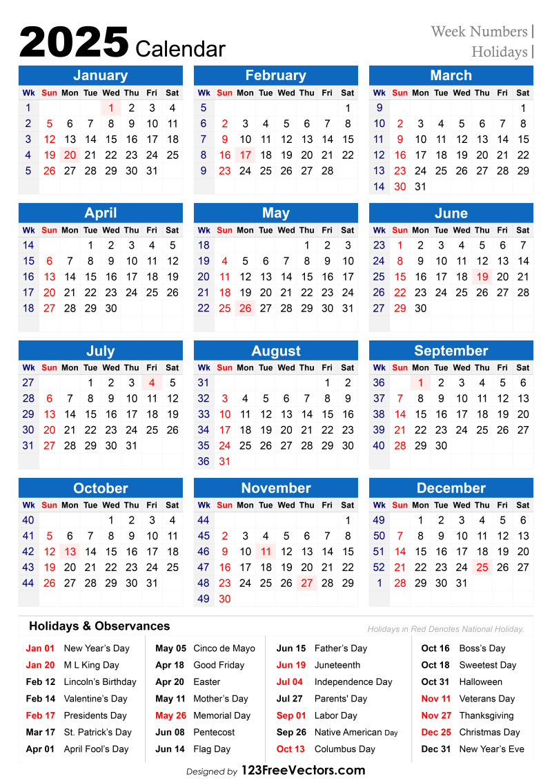 Free Download Printable 2025 Calendar With Week Numbers