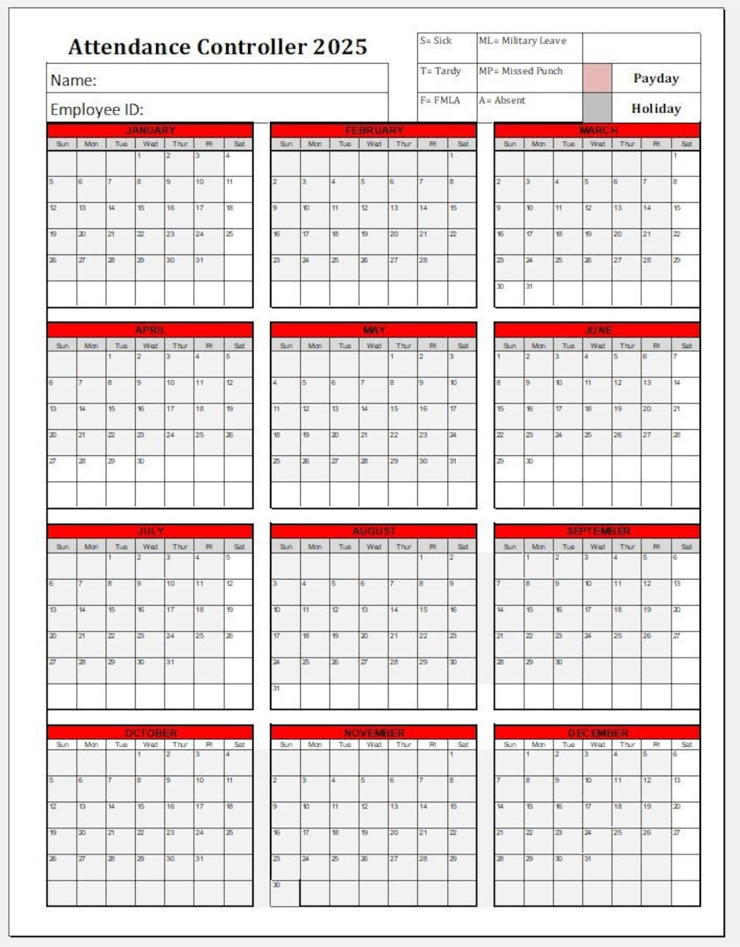 Free Printable 2025 Attendance Calendar Declan Pierce