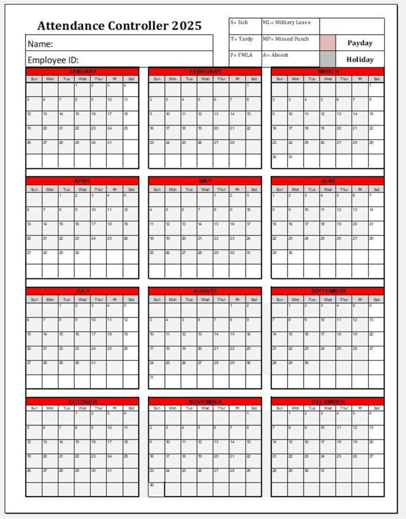Free Printable 2025 Attendance Calendar Declan Pierce